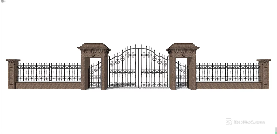 Ornate Wrought Iron Entrance Gate With Stone Pillars And Decorative Fence Design 3d model 