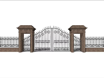 Ornate Wrought Iron Entrance Gate With Stone Pillars And Decorative Fence Design 3d model
