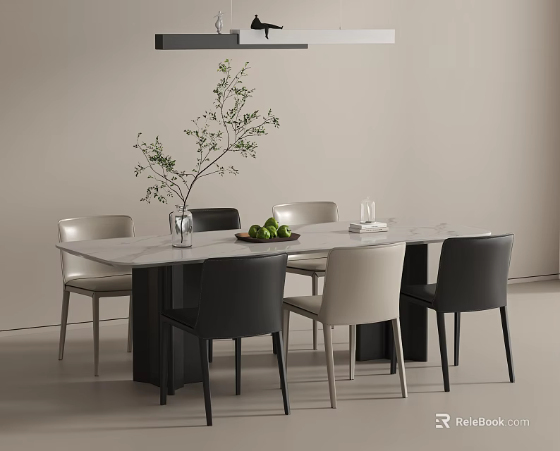 Modern Minimalist Marble Dining Table With Elegant Two Tone Comfortable Upholstered Dining Chairs 3d model 