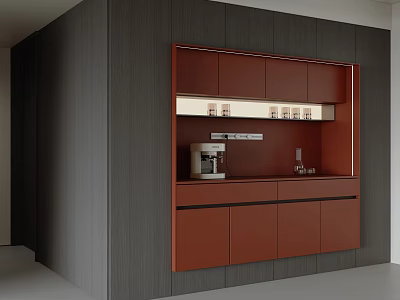 Modern Red Sideboard Cabinet Against Dark Gray Wall With Coffee Machine And Storage Countertop 3d model