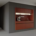 Modern Red Sideboard Cabinet Against Dark Gray Wall With Coffee Machine And Storage Countertop