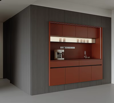 Modern Red Sideboard Cabinet Against Dark Gray Wall With Coffee Machine And Storage Countertop 3d model