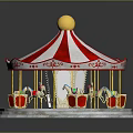 Kids Carousel With Red And White Striped Tent Golden Top And Decorative Horses