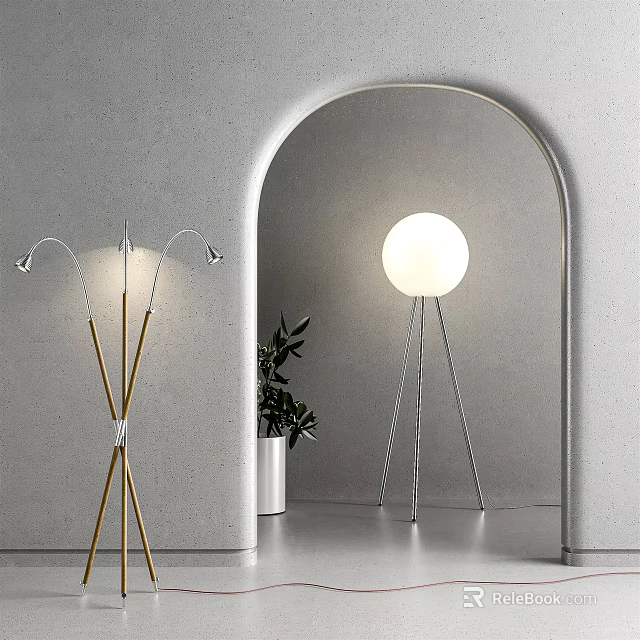Modern Floor Lamps Featuring Golden Multi Head And Silver Tripod Spherical Shade 3d model 