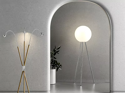Modern Floor Lamps Featuring Golden Multi Head And Silver Tripod Spherical Shade 3d model