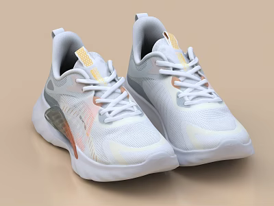White Mesh Upper Sneakers Featuring Orange Yellow Accents Modern Lightweight Design 3d model