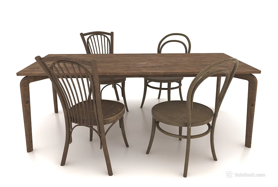 Wooden Dining Table Set with Four Chairs Featuring Curved Backrests for Stylish Home Dining Space 3d model 