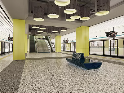 Modern Station Interior With Yellow Columns Pendant Lights Staircase And Seating 3d model