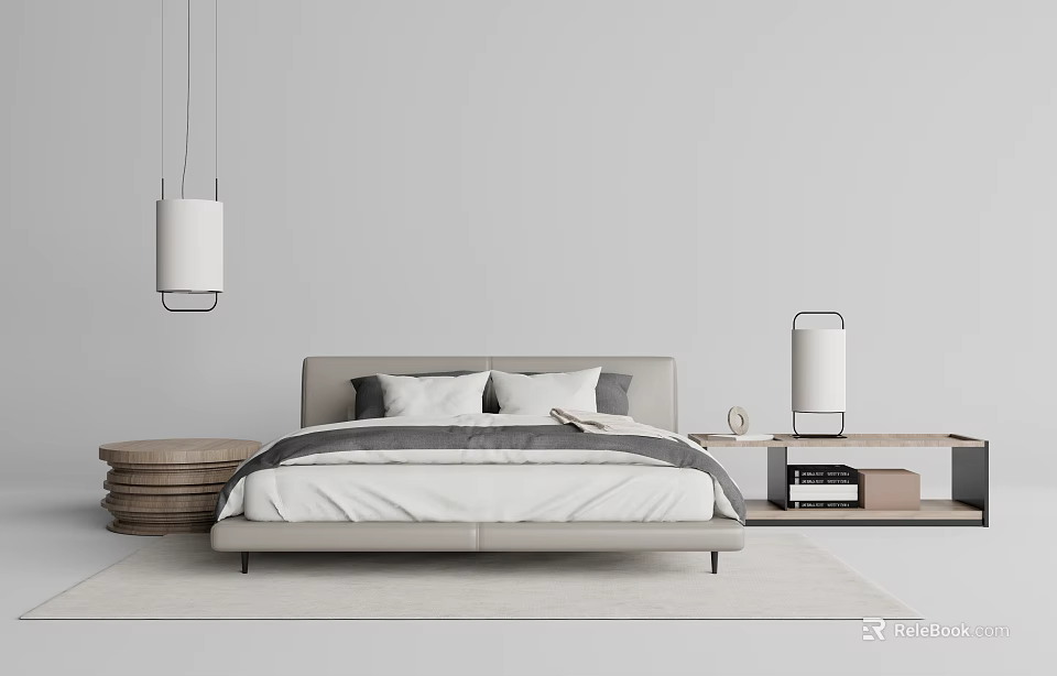 Modern Double Bed With Neutral Bedding Nightstand Table Lamp And Pendant Light In Light Bedroom 3d model 