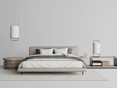 Modern Double Bed With Neutral Bedding Nightstand Table Lamp And Pendant Light In Light Bedroom 3d model