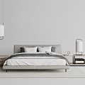 Modern Double Bed With Neutral Bedding Nightstand Table Lamp And Pendant Light In Light Bedroom