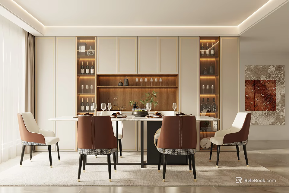 Elegant Modern Restaurant Interior With Dining Table Chairs Wine Cabinets And Lighting 3d model 