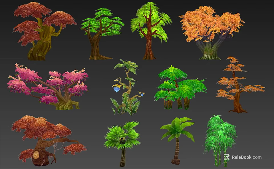 Cartoon Scenery With Various Colorful Trees In Different Styles And Shapes 3d model 