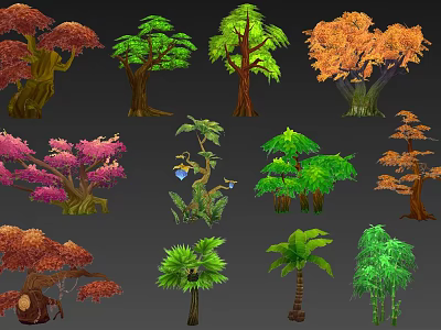 Cartoon Scenery With Various Colorful Trees In Different Styles And Shapes 3d model