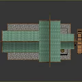 Traditional Chinese Wooden Building Model With Green Tiled Roof Red Lanterns And Water Wheel