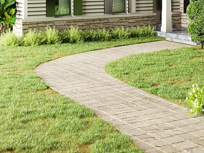Garden Landscape Featuring Curved Brick Pathway Lush Green Lawn And House Exterior 3d model