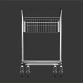 Metal Shopping Cart With Wire Basket And Four Wheels On Reflective Surface