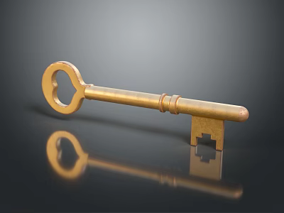 Golden Antique Key With Shiny Metallic Finish On Reflective Black Surface 3d model