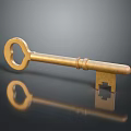Golden Antique Key With Shiny Metallic Finish On Reflective Black Surface