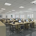 Spacious Modern Public Office Space Interior With Work Desks Computers Office Chairs And Large Windows 3d model