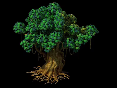 Lush Green Tree With Thick Trunk Exposed Roots And Vibrant Foliage Structure 3d model