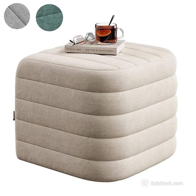 Beige Striped Ottoman With Book Glass Of Drink And Eyeglasses For Living Room Decor 3d model 