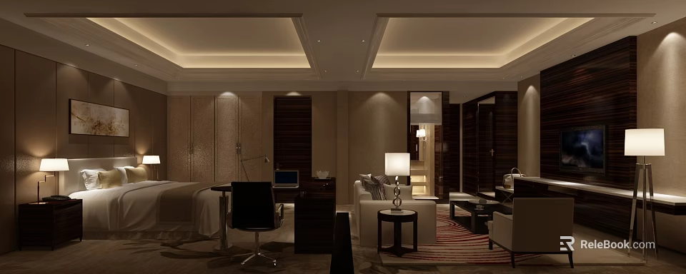 Luxury Hotel Room Interior Design With Bed Work Desk Sofa And Floor Lamp 3d model 