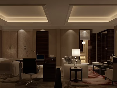 Luxury Hotel Room Interior Design With Bed Work Desk Sofa And Floor Lamp 3d model