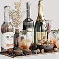 Wine Bottles And Glasses With Rose Red Wine Champagne Orange Slices Walnuts And Dried Flowers