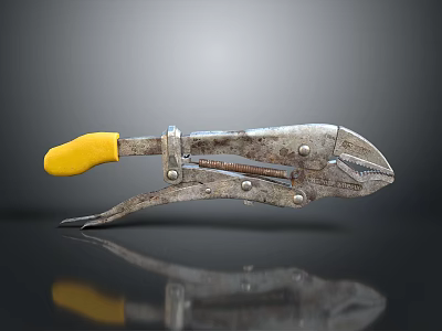 Rusty Pliers With Yellow Handle And Rusty Metal Parts On Black Reflective Surface 3d model