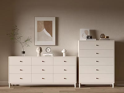 Modern Entryway Cabinet And Sideboard With White Drawers Decorative Vase Clock And Artwork 3d model