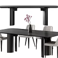 Modern Black Rectangular Dining Table Set with Light Gray Chairs and Purple Flower Vase 3d model