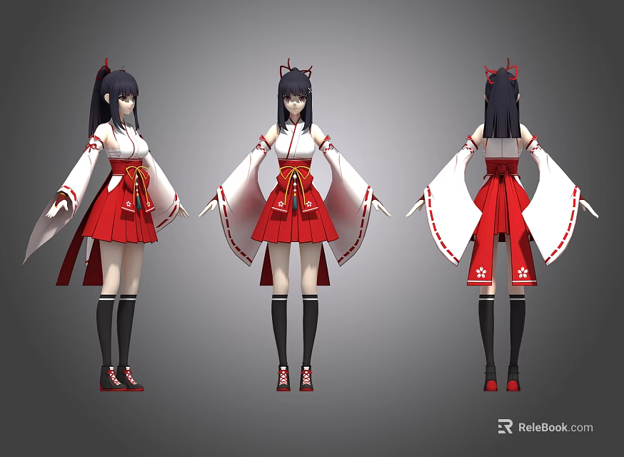 Anime Style Game Character With Long Black Hair Red White Outfit Black Socks Red Shoes 3d model 