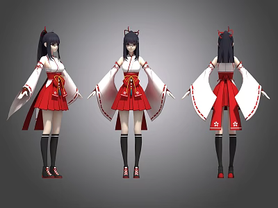 Anime Style Game Character With Long Black Hair Red White Outfit Black Socks Red Shoes 3d model