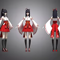 Anime Style Game Character With Long Black Hair Red White Outfit Black Socks Red Shoes