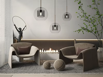Modern Living Room With Two Single-Seater Sofas Fireplace Pendant Lights Green Plant And Sculpture 3d model