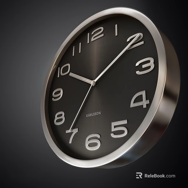 Modern Black Dial Wall Clock With White Numbers Silver Hands And Metal Frame 3d model 