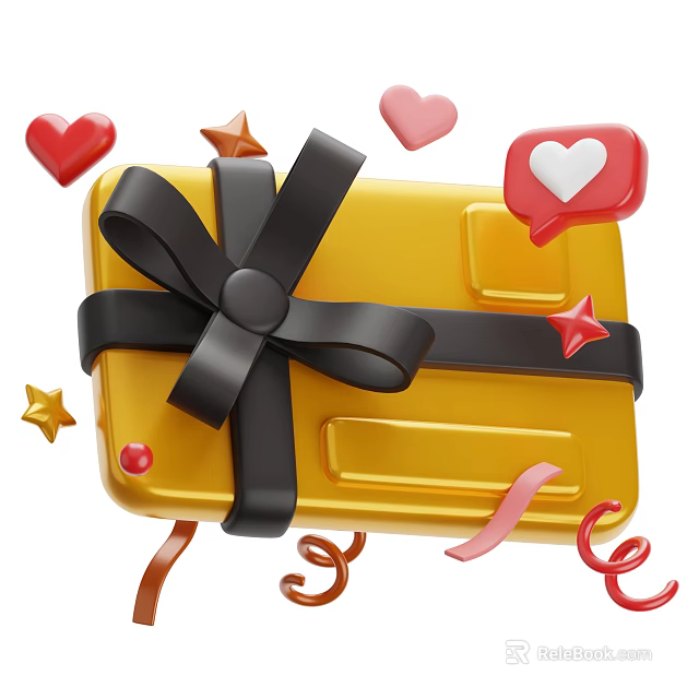 Festive Decorative Ornament Set With Yellow Gift Box Black Bow Hearts Stars And Ribbon Decorations 3d model 