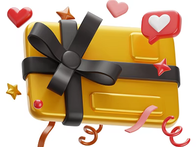 Festive Decorative Ornament Set With Yellow Gift Box Black Bow Hearts Stars And Ribbon Decorations 3d model