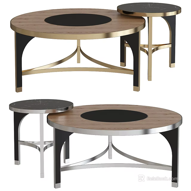 Modern Nested Round Coffee Tables With Wooden Top And Metal Frame 3d model 