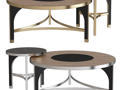 Modern Nested Round Coffee Tables With Wooden Top And Metal Frame 3d model