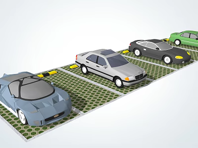 Various Colored Cars Parked on Green Grid Patterned Ground in Parking Area 3d model