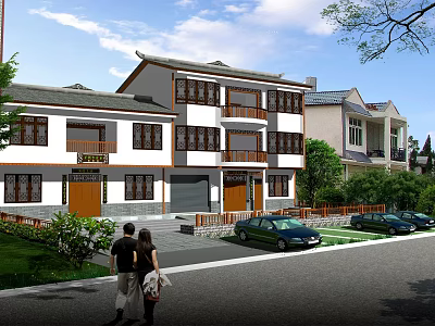 Traditional Chinese Two Story Detached Villa Exterior With White Walls Dark Roof And Greenery 3d model