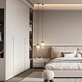 Modern Minimalist Bedroom With Beige Bed Upholstered Headboard Decorative Paintings Ceiling Light And Window Seat