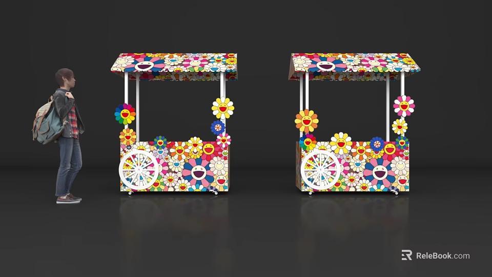 Interactive Area With Colorful Flower Decorated Carts And Vibrant Floral Design 3d model 