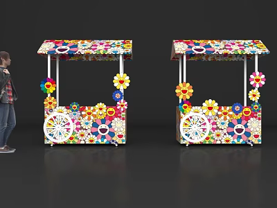 Interactive Area With Colorful Flower Decorated Carts And Vibrant Floral Design 3d model