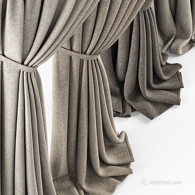 Gray Fabric Curtains With Elegant Draped Folds And Tie Back Design 3d model 
