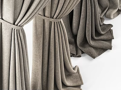 Gray Fabric Curtains With Elegant Draped Folds And Tie Back Design 3d model