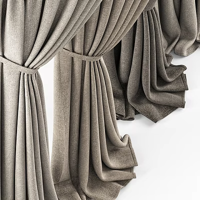 Gray Fabric Curtains With Elegant Draped Folds And Tie Back Design 3d model