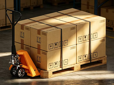 Manual Hydraulic Pallet Jack Industrial Equipment Transporting Large Cardboard Boxes on Wooden Pallet in Warehouse 3d model